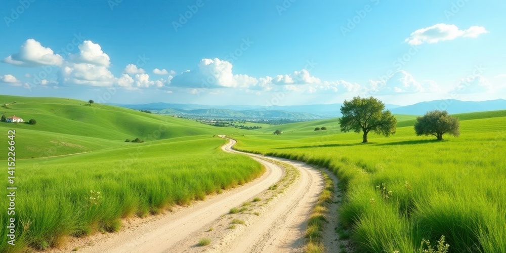 Fototapeta premium Serene Summer Landscape Featuring a Winding Country Road Through Lush Green Fields Under a Bright Blue Sky with Fluffy White Clouds and Solitary Trees