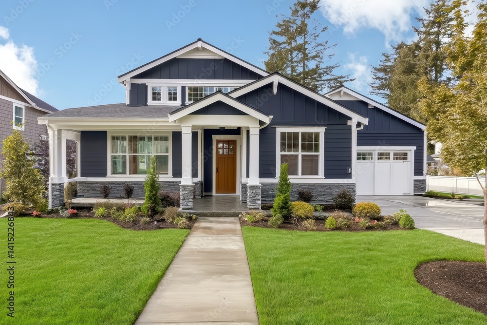Modern two-story home with navy blue exterior and white trim, wooden front door and glass windows, lush front yard with path and plants under clear blue sky. Modern two-story home with navy blue exterior and white trim, wooden front door and glass windows, lush front yard with path and plants under clear blue sky.