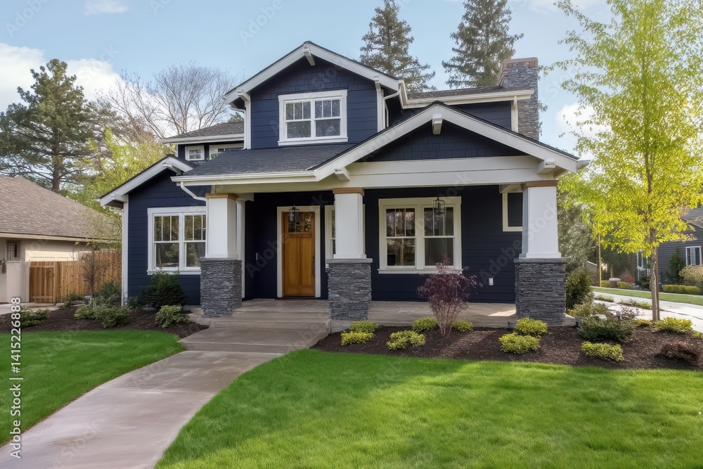 Modern two-story home with navy blue exterior and white trim, wooden front door and glass windows, lush front yard with path and plants under clear blue sky. Modern two-story home with navy blue exterior and white trim, wooden front door and glass windows, lush front yard with path and plants under clear blue sky.