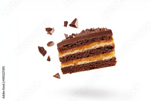 Delicious chocolate cake slice floating with chocolate shards on white background