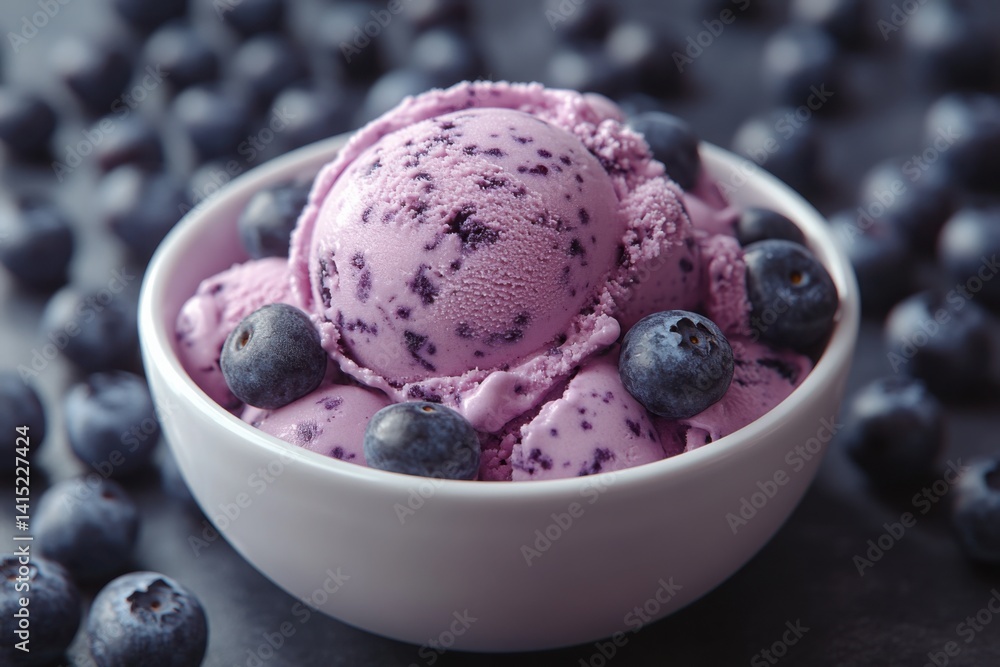 A scoop of blueberry ice cream in a white bowl surrounded by fresh blueberries