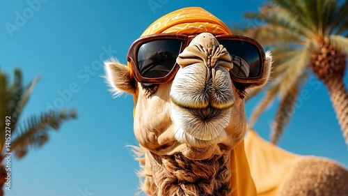 A stylish camel wearing sunglasses and a bandana under a clear blue sky in a desert landscape