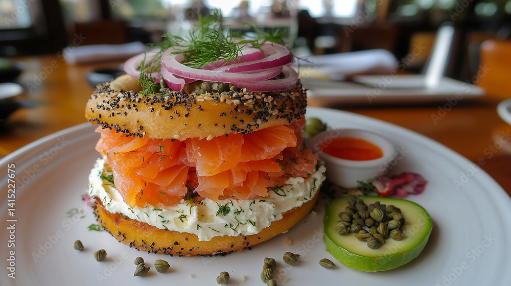 Fresh bagel sandwich with lox and capers