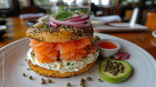 Obraz na płótnie Fresh bagel sandwich with lox and capers w salonie