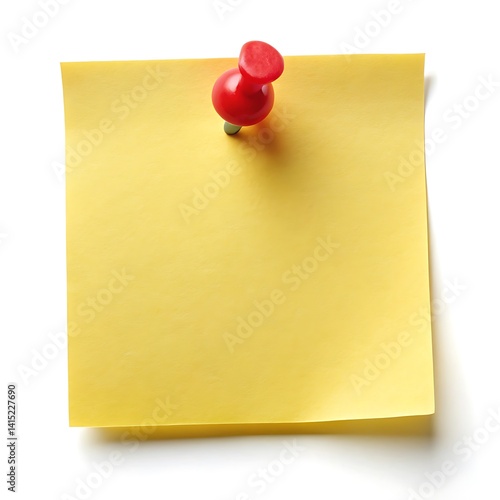 Yellow sticky post it note with red pushpin isolated on white background