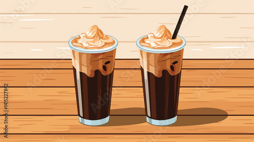Delicious Frappe Coffee in Glasses on Wooden Table Vector Illustration