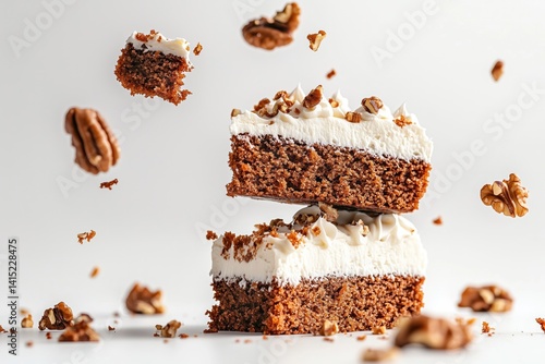 Delicious chocolate cake slices topped with cream and pecans falling on white background