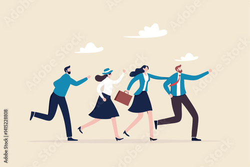 Blindly following, confusion or unknown situation, bad leadership, failure or mistake, struggle, trouble or hopeless direction concept, businesspeople blindfold follow leader in crisis or despair.
