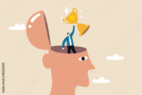 Success mindset, positive attitude to succeed, motivation or optimistic for self development, believe or confidence concept, success businessman holding winning trophy standing in his mindset head.
