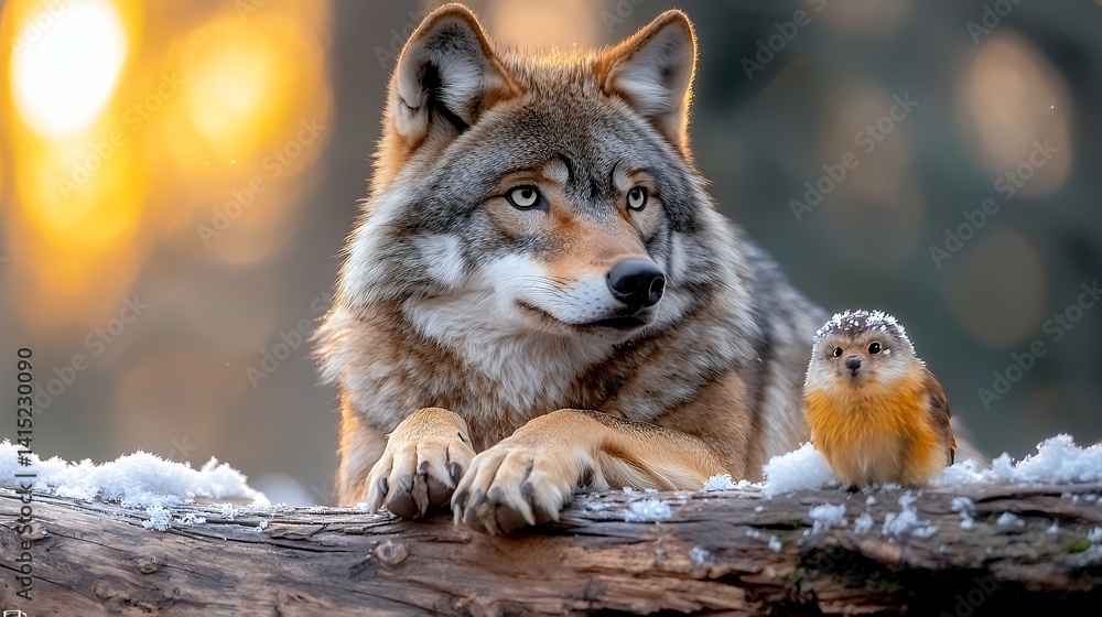 Fototapeta premium Wolf and bird in winter scene