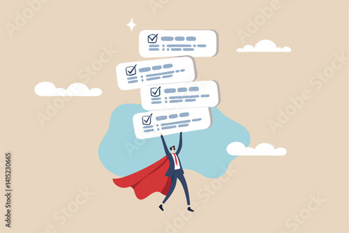 Task management, project plan or task list to finish, productivity to complete work within deadline, efficiency to organize project checklist, businessman superhero flying with completed task boards.