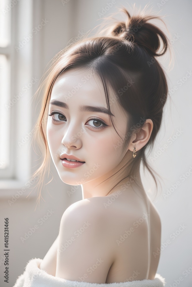 Beautiful Asian Woman with Updo Hairstyle and Bare Shoulders Portrait Beautiful Asian Woman with Updo Hairstyle and Bare Shoulders Portrait