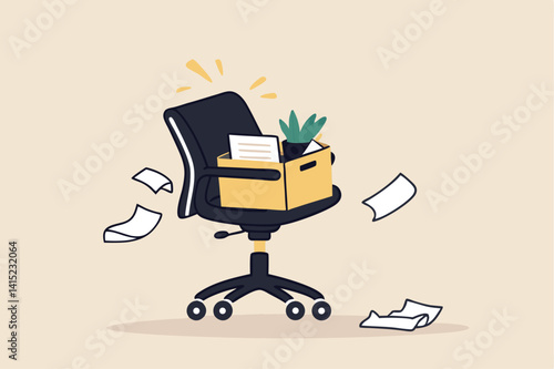 Dismissed staff, lay off or unemployed employee, losing job or being fired, retired staff, quit or resign from job position concept, office chair with package and dismissal sign.