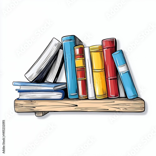 Detailed Bookshelf Illustration Featuring Colorful Assorted Books on White Background