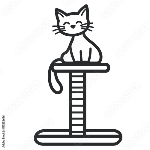 Happy cat sitting on scratching post in modern line art style