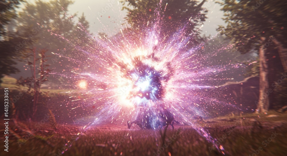 Fototapeta premium Colorful explosion of light and energy in a serene forest setting