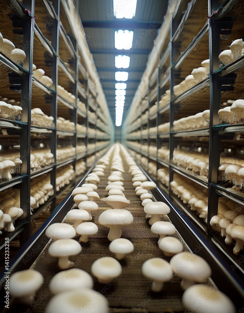 Industrielle Champignonzucht – Nahaufnahme frischer Kulturchampignons Industrielle Champignonzucht – Nahaufnahme frischer Kulturchampignons