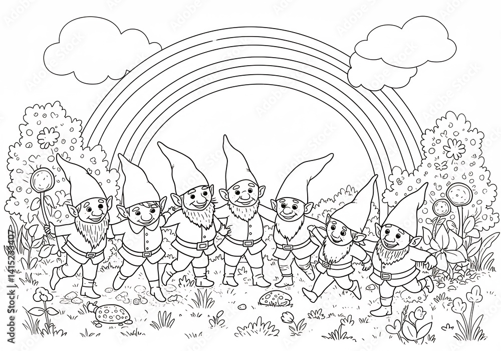 Gnomes and Rainbow Black and White Illustration Gnomes and Rainbow Black and White Illustration
