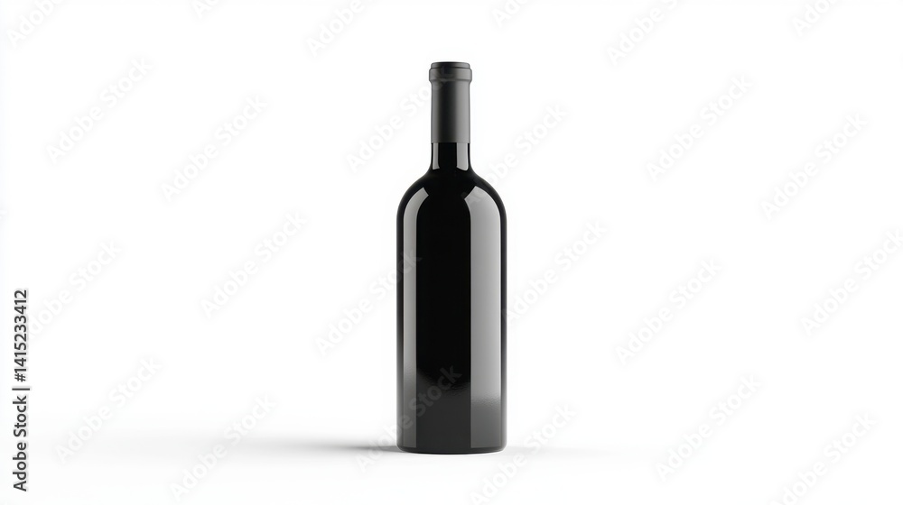 Single black wine bottle on white background, studio shot.