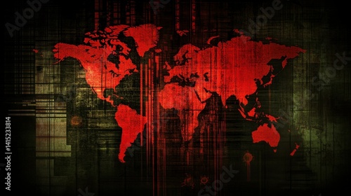 Bloody world map on dark grunge background, dripping red paint effect.