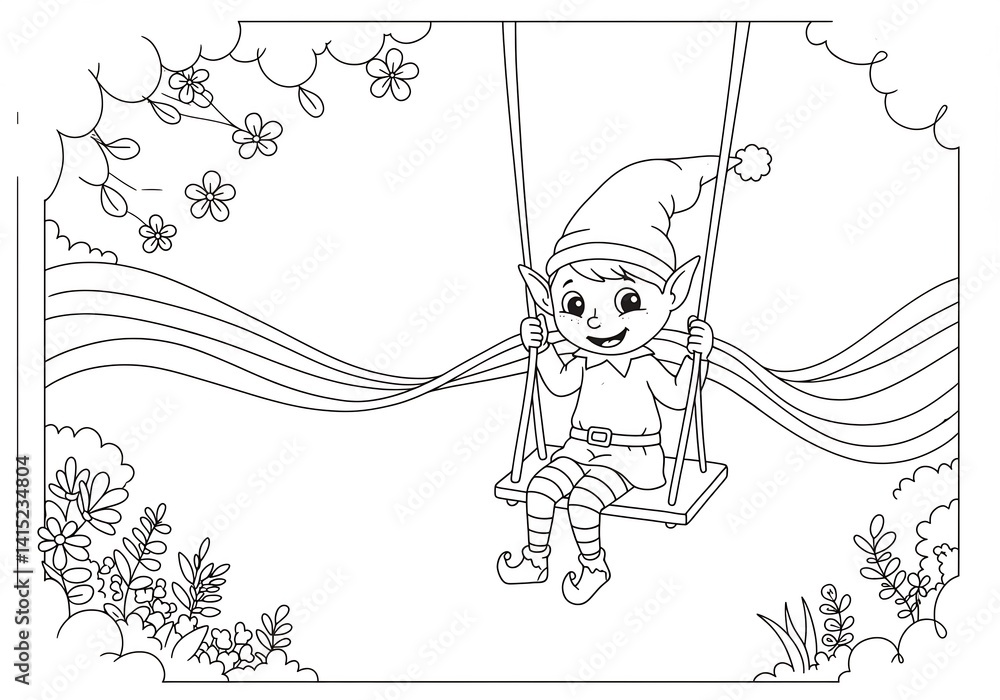 Obraz premium Happy Child Swinging Line Art Illustration