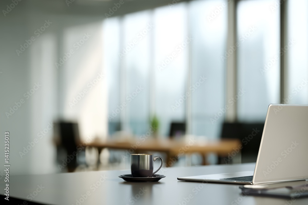 custom made wallpaper toronto digitalModern office workspace with wooden desk, open laptop and coffee cup, soft lighting creating comfortable quiet atmosphere.
