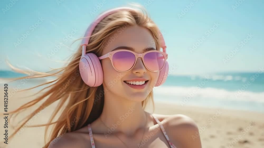 Portrait of a smiling young blonde woman relaxing on the beach wearing bright pink glossy over-ear headphones, pastel pink sunglasses and a light summer outfit. Her hair is gently blowing in the wind, Portrait of a smiling young blonde woman relaxing on the beach wearing bright pink glossy over-ear headphones, pastel pink sunglasses and a light summer outfit. Her hair is gently blowing in the wind,
