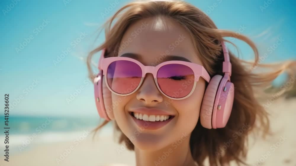 Portrait of a smiling young blonde woman relaxing on the beach wearing bright pink glossy over-ear headphones, pastel pink sunglasses and a light summer outfit. Her hair is gently blowing in the wind, Portrait of a smiling young blonde woman relaxing on the beach wearing bright pink glossy over-ear headphones, pastel pink sunglasses and a light summer outfit. Her hair is gently blowing in the wind,