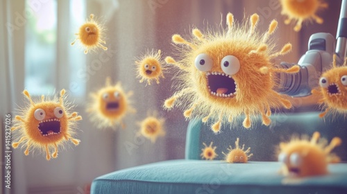 Whimsical virus creatures indoor setting digital art playful environment close-up view imagination