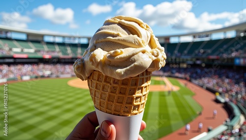 Ice Cream Cone Enjoyed in a Baseball Stadium on a Sunny Day  