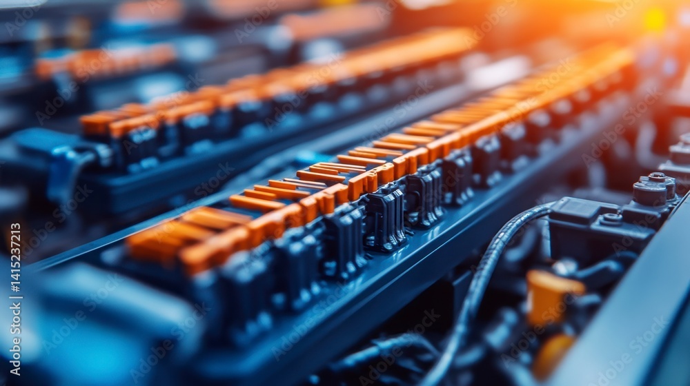Close up view of orange and black battery cells in a dark blue casing, detailed and high resolution image. Close up view of orange and black battery cells in a dark blue casing, detailed and high resolution image.