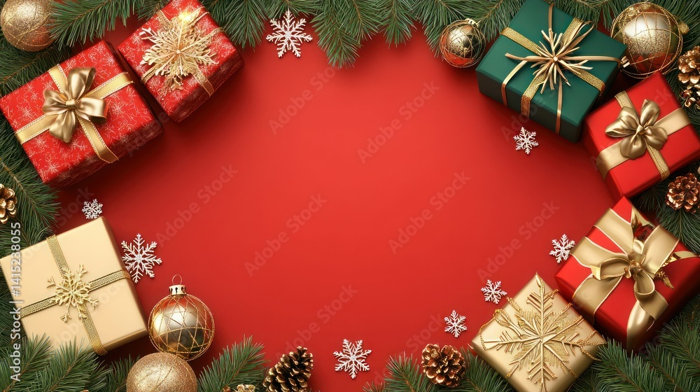 Festive Christmas gift boxes and decorations on a red background Festive Christmas gift boxes and decorations on a red background