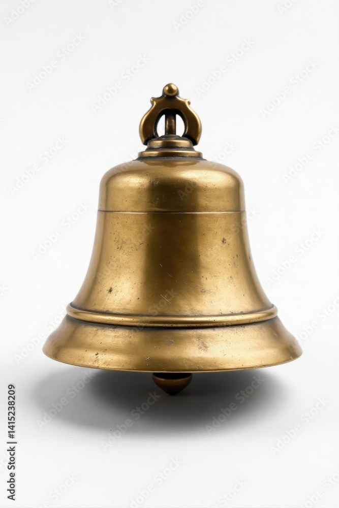 A gleaming brass bell, with an ornate top and a subtle, aged patina, rests on a pristine white surface A gleaming brass bell, with an ornate top and a subtle, aged patina, rests on a pristine white surface