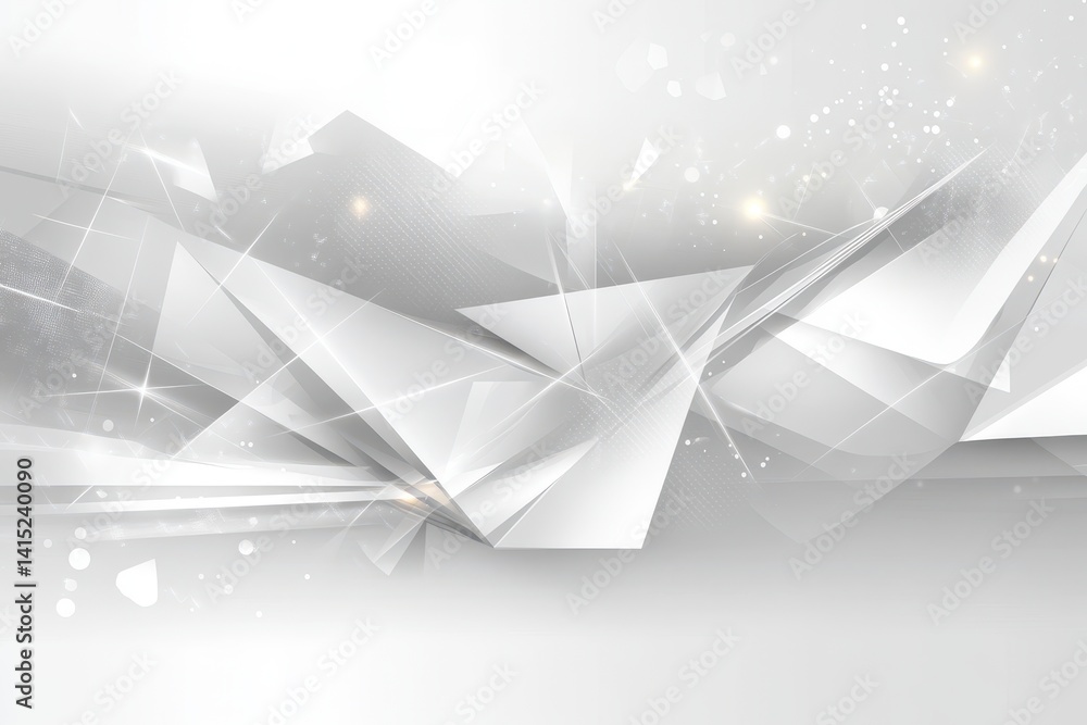 Abstract white and grey polygon shapes, with sparkles and light beams. Suitable for technology, business, or presentations with clean aesthetics.