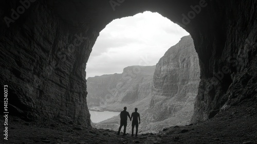 Two figures stand in a cave, looking out at a landscape