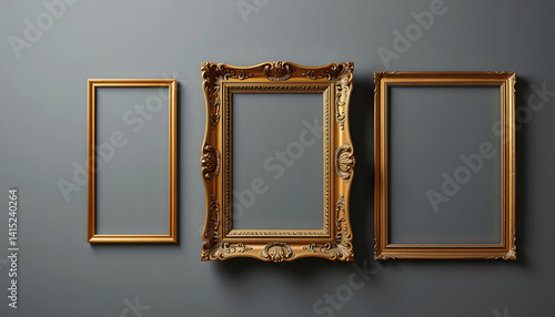 Set of golden frames for paintings, mirrors or photos, studio photography, with white tones