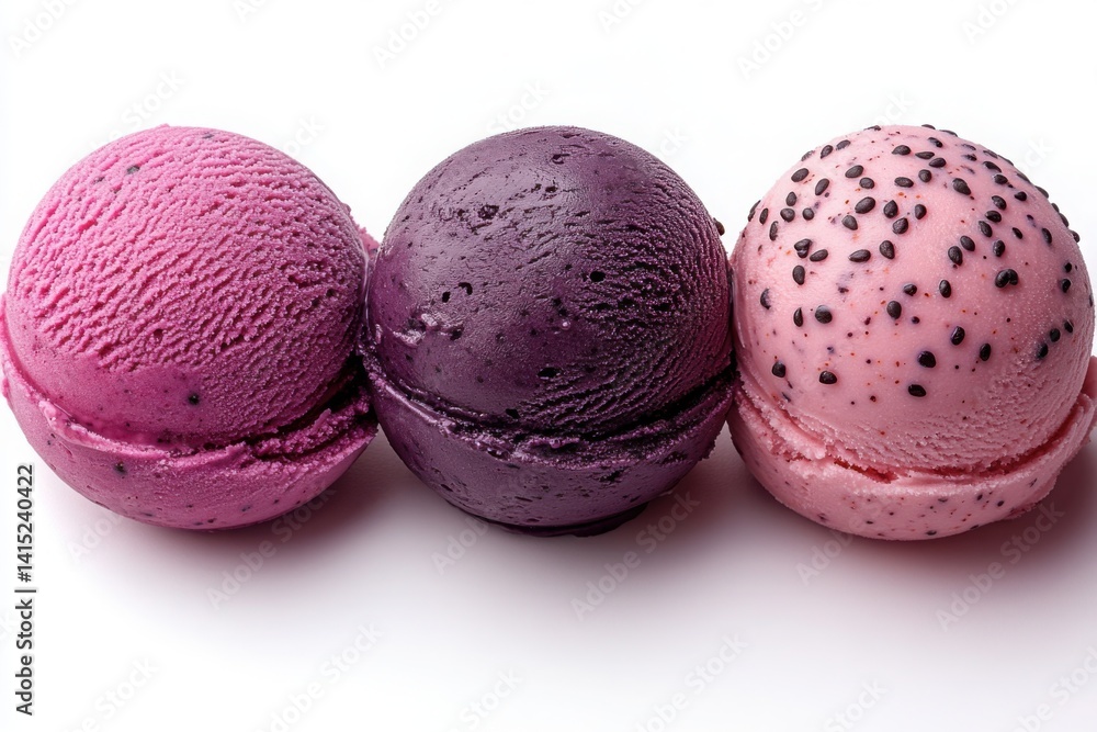 Three scoops of vibrant and delicious frozen dessert on a white background