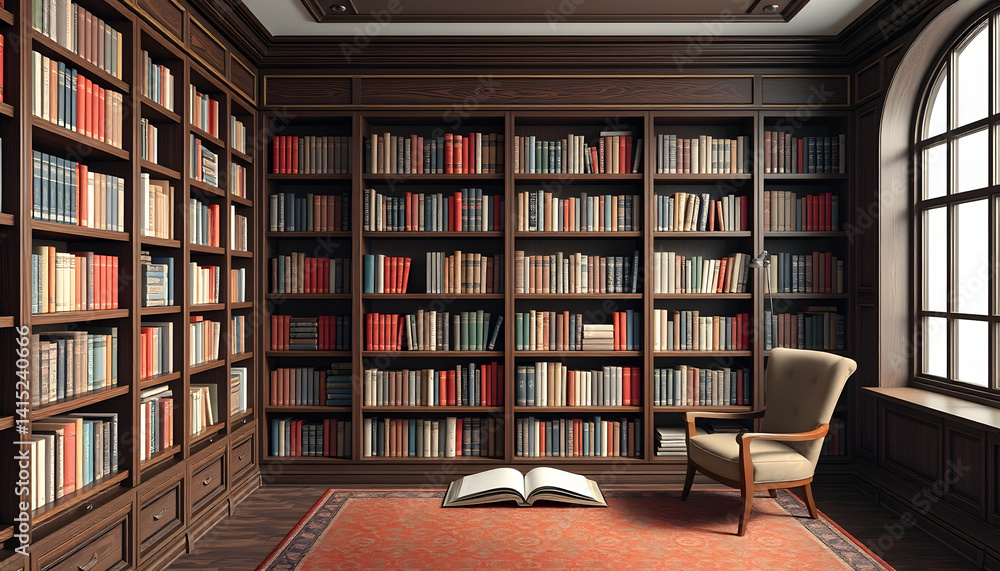 Books on Shelves in Library or Study with Classic Dark Wood, origami, with white tones Books on Shelves in Library or Study with Classic Dark Wood, origami, with white tones