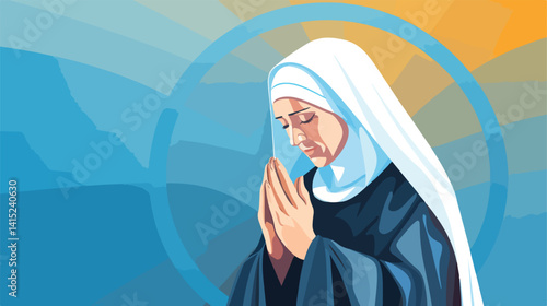 Mature Nun Praying on Color Background Vector Illustration