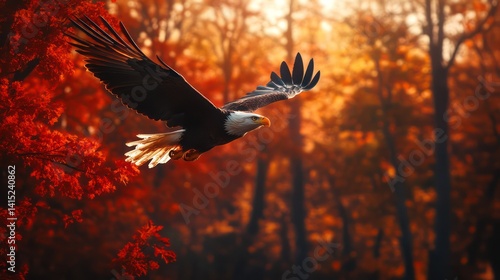 Fototapeta Naklejka Na Ścianę i Meble -  Eagle autumn forest flight