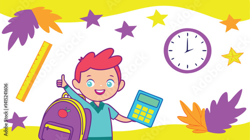 Smiling Schoolboy with Backpack Calculator Ruler Clock and Stars Colorful Design