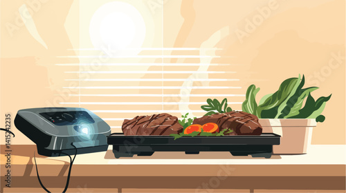 Electric Grill with Delicious Steaks and Vegetables for Culinary Art Professionals