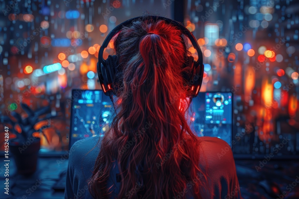 futuristic gaming lounge with neon lights and sleek gaming stations