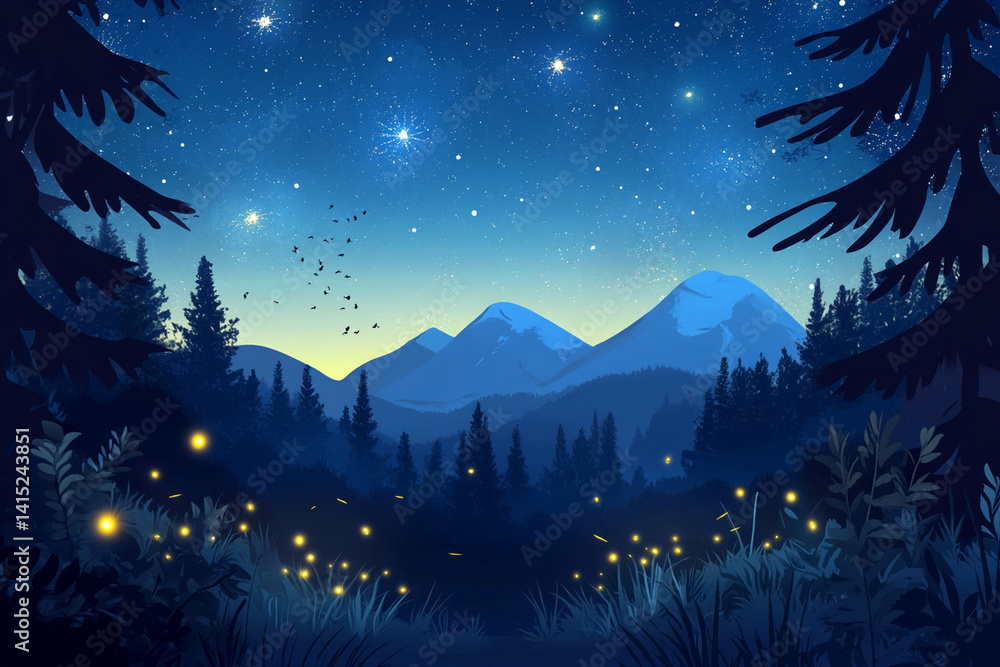 Fototapeta premium Night Sky Filled with Glowing Fireflies and Stars (Alternate View)