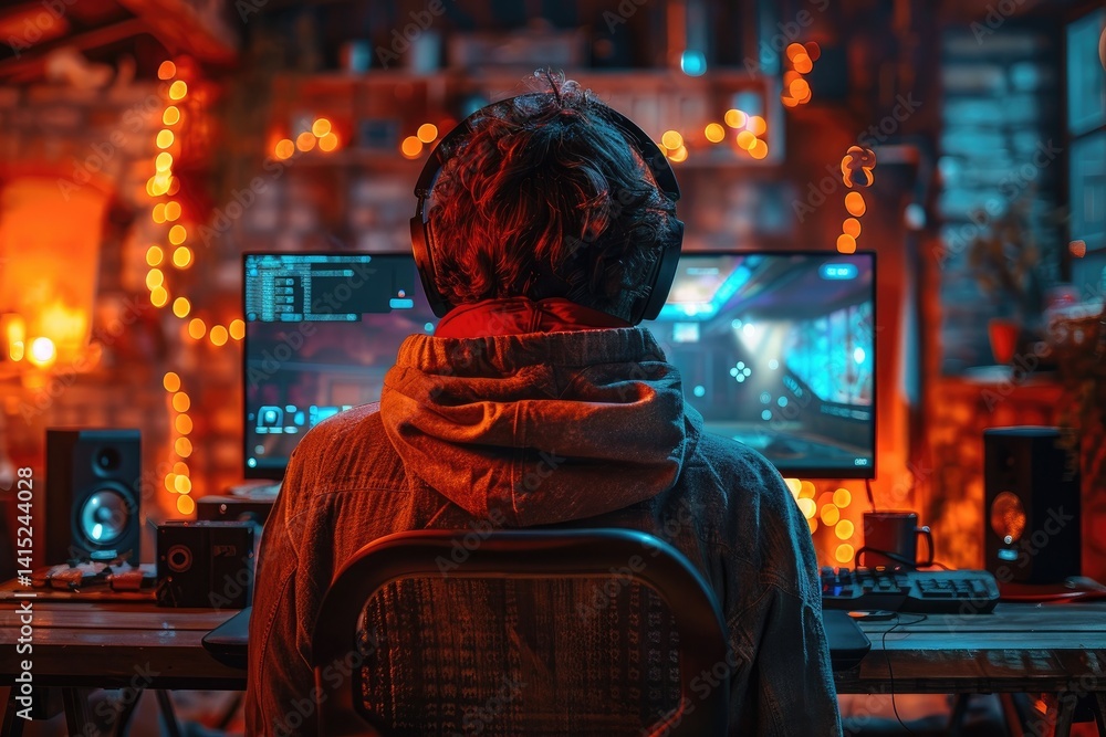 futuristic gaming lounge with neon lights and sleek gaming stations