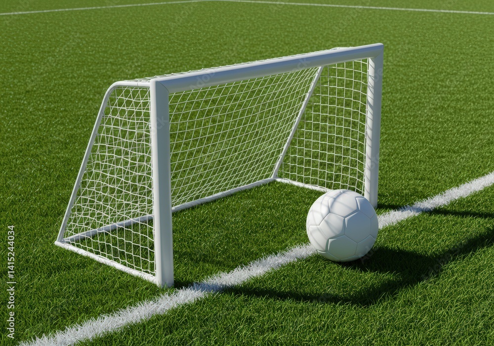 Soccer ball near the goal on the green grass field. Sport equipment with copy space. Championship and soccer team game concept for sport publication article, ad.