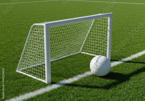 Obraz na płótnie Soccer ball near the goal on the green grass field. Sport equipment with copy space. Championship and soccer team game concept for sport publication article, ad. w salonie