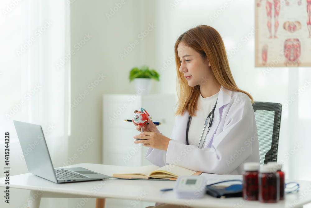 Smiling Asian female doctor in lab coat and stethoscope sitting next to online consultation table in doctor's office Smiling Asian female doctor in lab coat and stethoscope sitting next to online consultation table in doctor's office
