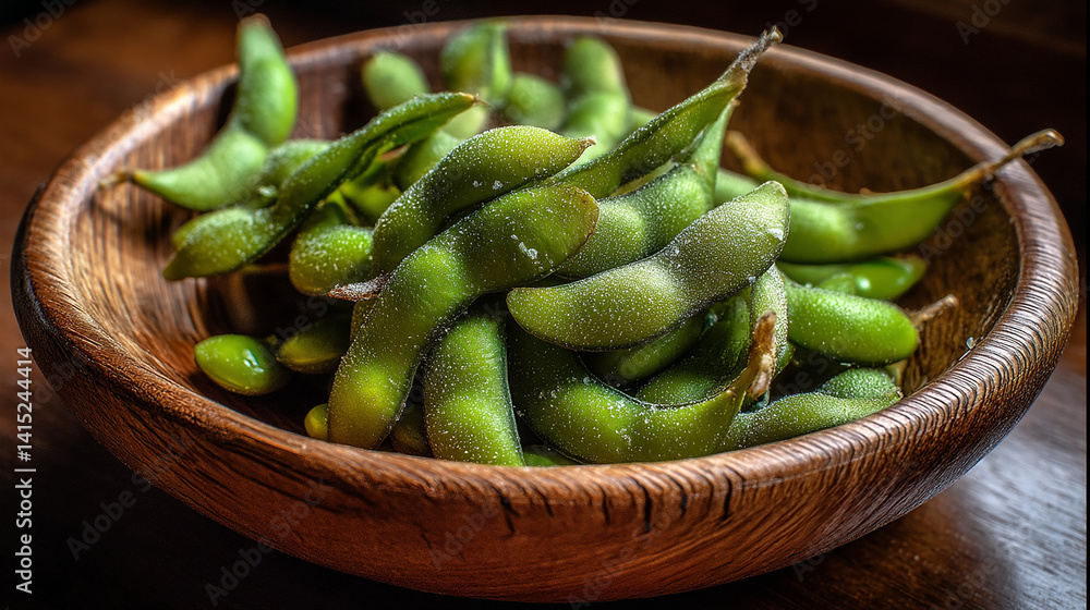 Fresh edamame in pods lightly salted wooden bowl