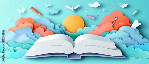 imaginative papercut vector artwork with school supplies like pens, paperclips, and books flying out of an open book, symbolizing creative learning and growth